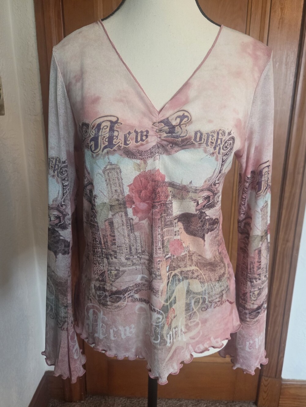 vintage One World long-sleeve mesh top featuring a Y2K whimsigoth